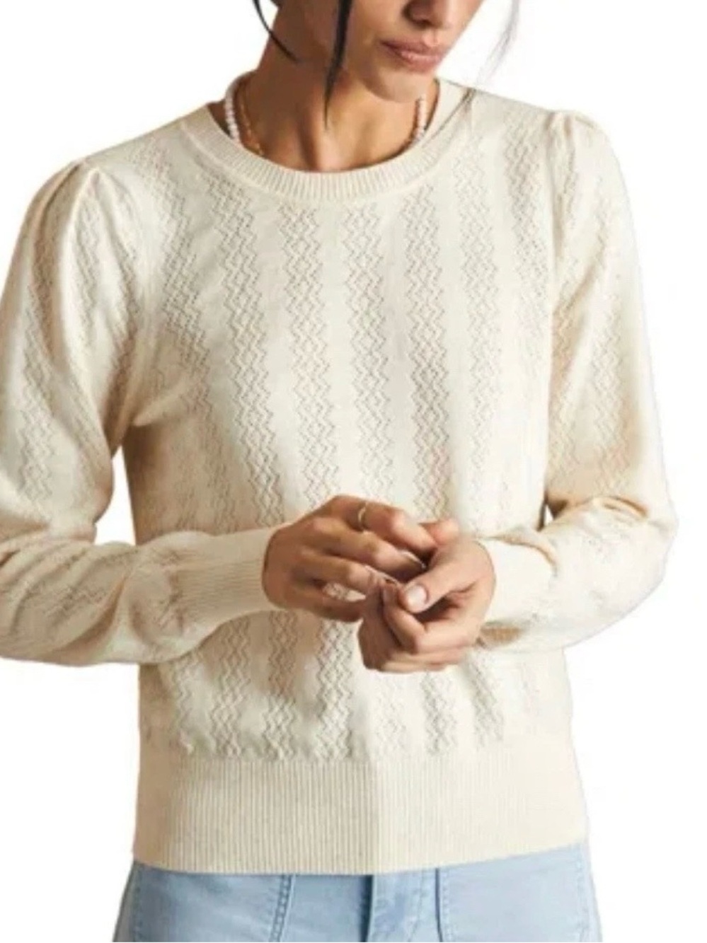 Faherty Lola Pointelle Sweater Women’s L Egret Off White Cotton Pleated Shoulder